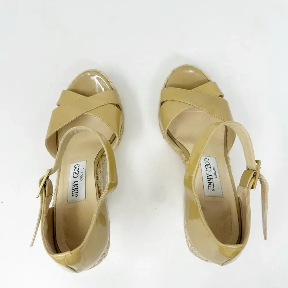 Jimmy Choo Phoenix Nude Patent Leather Espadrille Platform Wedge Sandals 37 (7) - Picture 5 of 8
